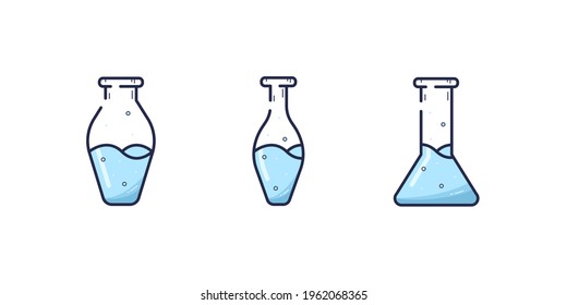 Laboratory equipment. Three glass flasks with blue liquid in trendy line style.