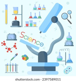 Laboratory equipment vector banner. Concept for science, medicine and knowledge. Scientists in lab. Microscope, glass tubes, flasks and other instruments and equipment for analysis and research.