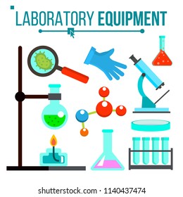 Laboratory Equipment Vector. Chemical Laboratory Experiment. Glass Flask, Beaker, Spirit Lamp, Microscope. Glassware. Research Lab Science Icons. Isolated Flat Cartoon Illustration