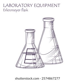 Laboratory equipment. Vector illustration of Erlenmeyer flask in sketch style. Glass flasks isolated on white. Chemistry, experiment, science concept.