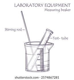 Laboratory equipment. Vector illustration of Measuring beaker, test- tube, stirring rod in sketch style. Glassware flask isolated on white. Chemistry, experiment, science concept.