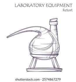 Laboratory equipment. Vector illustration of Retort flask in sketch style. Glassware flask isolated on white. Chemistry, experiment, science concept.