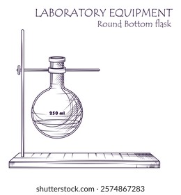 Laboratory equipment. Vector illustration of Round Bottom flask on Clamp stand in sketch style. Glassware flask isolated on white. Chemistry, experiment, science concept.