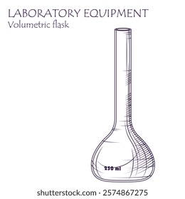 Laboratory equipment. Vector illustration of Volumetric flask in sketch style. Glassware flask isolated on white. Chemistry, experiment, science concept.