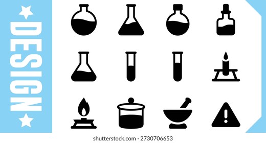 Experimento científico de equipos de laboratorio y señales de advertencia