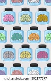 Laboratory examination brains seamless pattern in jar. Color organs brain vector background