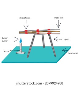 La experiencia de laboratorio es el estudio de la conductividad térmica de los materiales sobre el calentamiento de una varilla metálica a la que se unen clavos mediante cera. Transmisión de energía a partir de partículas corporales más calentadas