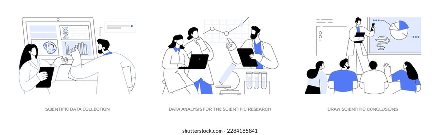 Laboratory experiment abstract concept vector illustration set. Scientific data collection, data analysis for the scientific research, draw conclusions, basic medical research abstract metaphor.