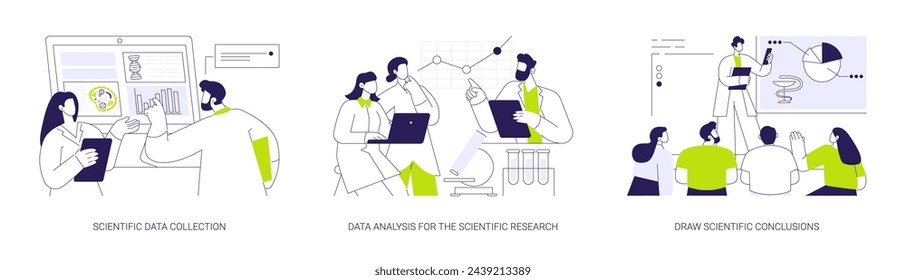 Laboratory experiment abstract concept vector illustration set. Scientific data collection, data analysis for the scientific research, draw conclusions, basic medical research abstract metaphor.