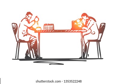 Laboratory, experiment, science, chemical concept. Hand drawn scientists work in a chemical laboratory concept sketch. Isolated vector illustration.