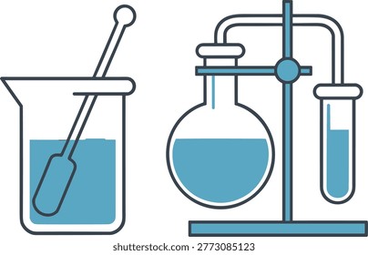 Laboratory experiment setup with beaker flask condenser and test tube illustrating chemistry research process in flat vector style