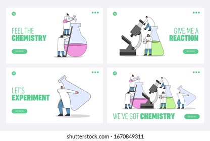 Laboratory Experiments Concept. Website Landing Page. Team of Chemists and Laboratory Technicians Making An Chemical Experiment. Cartoon Linear Outline Flat Vector Illustrations