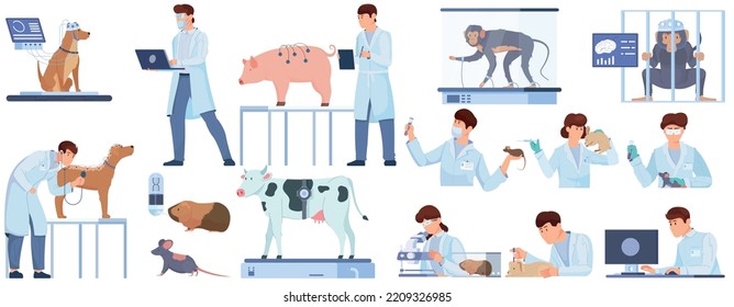 Experimentos de laboratorio sobre el conjunto de científicos planos animales que ensayan drogas condiciones extremas actividad cerebral aislado ilustración vectorial