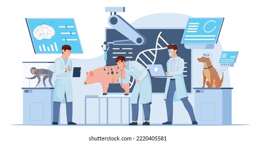 Laboratory experiments on animals flat background illustrating scientists working with dog pig monkey characters vector illustration