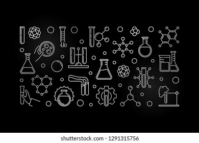 Laboratory experiments vector outline banner. Chemistry vector linear concept silver illustration on dark background