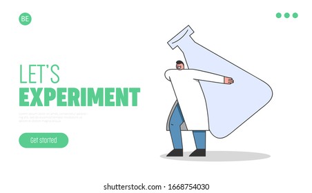 Laboratory Exploring And Experiments Concept. Website Landing Page. Technician Is Preparing Tools For Chemical Experiment. Linear Outline Flat Style. Vector Illustration