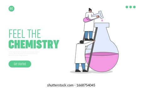 Laboratory Exploring And Experiments Concept. Website Landing Page. Chemistry Technician Are Making An Chemical Experiment. Linear Outline Flat Vector Illustration