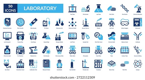 Laboratory Fill Icon Set. Test Tube, Microscope, Lab Flask, Petri Dish, Dna Strand, Chemical Reaction, Biohazard