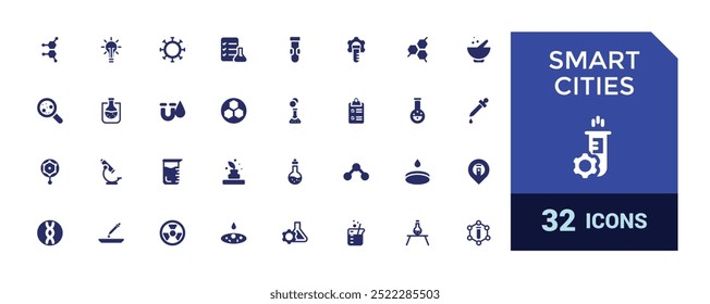 Conjunto de iconos lleno de laboratorio. Contiene experimento, tubo de ensayo, microscopio. Conjunto de iconos de glifo para Web y ui. Conjunto de iconos sólidos. Ilustración vectorial.
