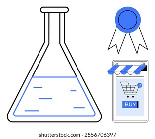 Laboratory flask, award ribbon and online shopping cart with a buy button on a mobile screen. Ideal for themes like scientific innovation e-commerce online shopping achievement and technology. Simple