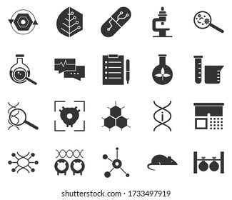Laboratory, flask. Bioengineering glyph icons set. Biotechnology for health, researching, materials creating. Molecular biology, biomedical and molecular engineering