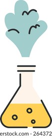 A laboratory flask with bubbling liquid and vapor in a clean, outlined style. The flask emits a cloud of vapor with a playful, cartoonish look. Cartoon vector illustration.