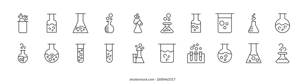 Laboratory Flask Bundle of Related Line Icons. Outline Signs for Graphic and Web Design, Apps, Adverts, Various Cards