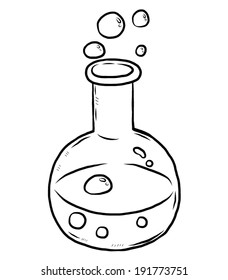 laboratory flask with chemical liquid and bubble / cartoon vector and illustration, black and white, hand drawn, sketch style, isolated on white background.