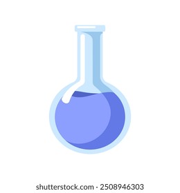 Laboratory flask with chemical liquid. Round-bottom lab glassware for chemistry, science experiment. Glass ware for scientific research. Flat cartoon vector illustration isolated on white background