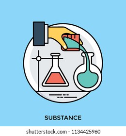 A laboratory flask in flask clamp stand along with a hand pouring chemical into flask, lab experiment icon