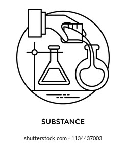 A laboratory flask in flask clamp stand along with a hand pouring chemical into flask, lab experiment icon