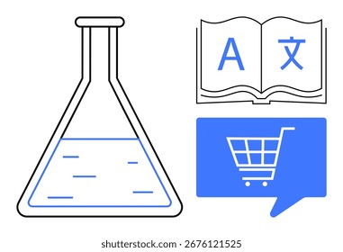Laboratory flask containing liquid, open book with alphabet characters, blue chat bubble with shopping cart. Ideal for education, e-commerce, science, research, multilingual communication, online
