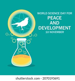 A laboratory flask containing various chemical mixtures reacts to form a dove, a symbol of peace. Vector illustration. World Science Day for Peace and Development.