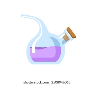 Laborflasche mit gekrümmter Ausgussöffnung. Behälter für chemische Experimente, Forschung. Laborglaswaren mit chemischer Flüssigkeit. Glaswaren für die Wissenschaft. Flache Cartoon, Vektorgrafik einzeln auf weißem Hintergrund