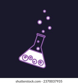 Laboratory flask with eyes and bubble in naive style. Haloween illustration in purple tones. Icon. Clipart. Isolated element.	 
