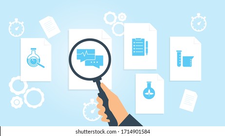 Laboratory, flask file, document research vector illustration. Document with search icons. File and magnifying glass. Analytics research sign. Vector Illustration