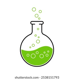 Laboratory flask filled with a green bubbling solution, representing a chemical reaction. Perfect for educational and scientific presentations.