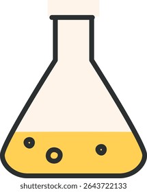 Um balão de laboratório cheio de líquido e bolhas em estilo negrito. O copo contém uma substância borbulhante representada de forma gráfica plana. Ilustração de vetor de desenhos animados.