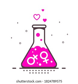 Laboratory Flask filled with red Liquid with two Venus Signs. Homosexual Love, Lesbian Couple Concept. Outlined Flat Style Illustration isolated on White Background