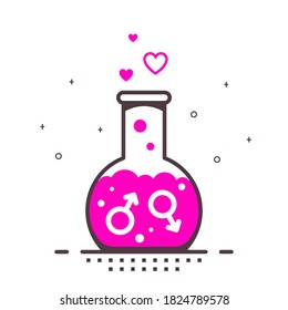 Laboratory Flask filled with red Liquid and two Mars Signs with arrows. Homosexual Love, Gay couple Concept. Outlined Flat Style Illustration isolated on white background