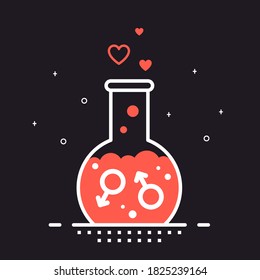 Laboratory Flask filled with red Liquid with two Spear of Mars Signs. Homosexual Love, Gay couple Concept. Outlined Flat Style Illustration isolated on black background