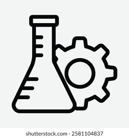 Laboratory Flask and Gear Icon. Line Art Icon of Flask and Gear for Research and Technology. Flask and Gear Icon Vector.