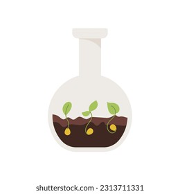 Laboratory flask with green plant sprouts. Natural research and development in agriculture. Biotechnology concept. Flat illustration in minimalistic style