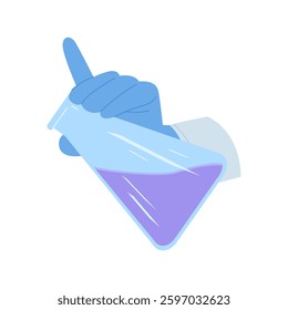 A laboratory flask is held firmly by a gloved hand, and it contains a vibrant and intriguing purple liquid