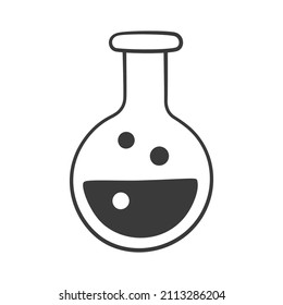 Laboratory flask icon in doodle style. Children drawing. Hand drawn vector illustration isolated on white background.