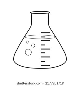 Icono del matraz de laboratorio. Cárter de vidrio para experimentos. Clases escolares. Ilustración vectorial dibujada a mano.