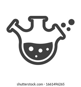 Icono del matraz de laboratorio. Matraz minimalista con tres cuellos y líquido burbujeante. Vector aislado sobre fondo blanco.