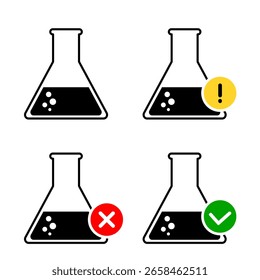 Laboratory flask icon set with various symbol clip art cartoon illustration. Erlenmeyer flask sign with accept and decline or do and donts symbol