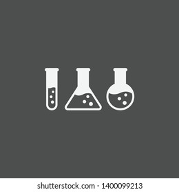 Laboratory flask icon set. White lab glass icons on dark background. Lab flask set with liquid and bubbles.