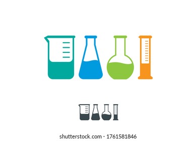 Laboratory flask icons. Various shape lab glass bottle, test tube symbol. Chemical media containers.